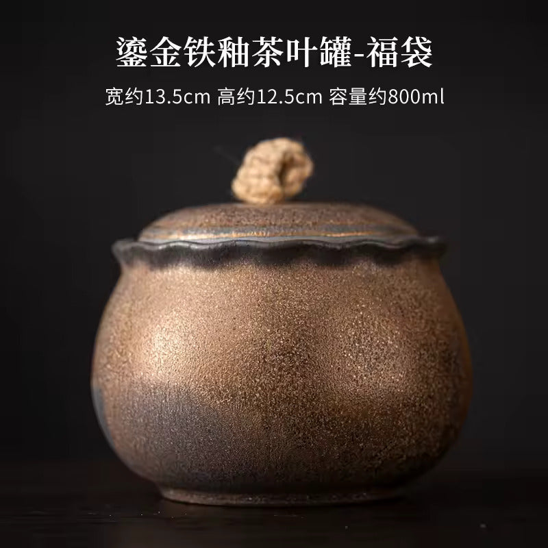 Japanese Style Gilded Iron Glazed Tea Jar Large Sealed Tea Warehouse Ceramic Storage Tank Household Tea Storage Jar