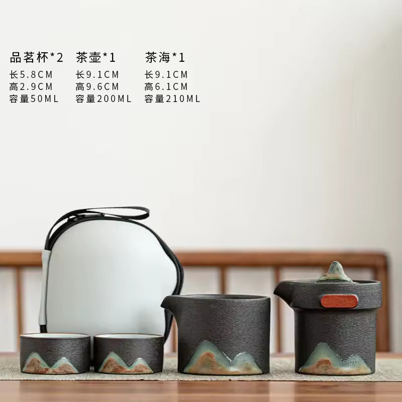 Japanese Style Glazed Painted Remote Mountain Portable Travel Tea Set Vintage Coarse Ceramic Quick Customer Cup Tea Set