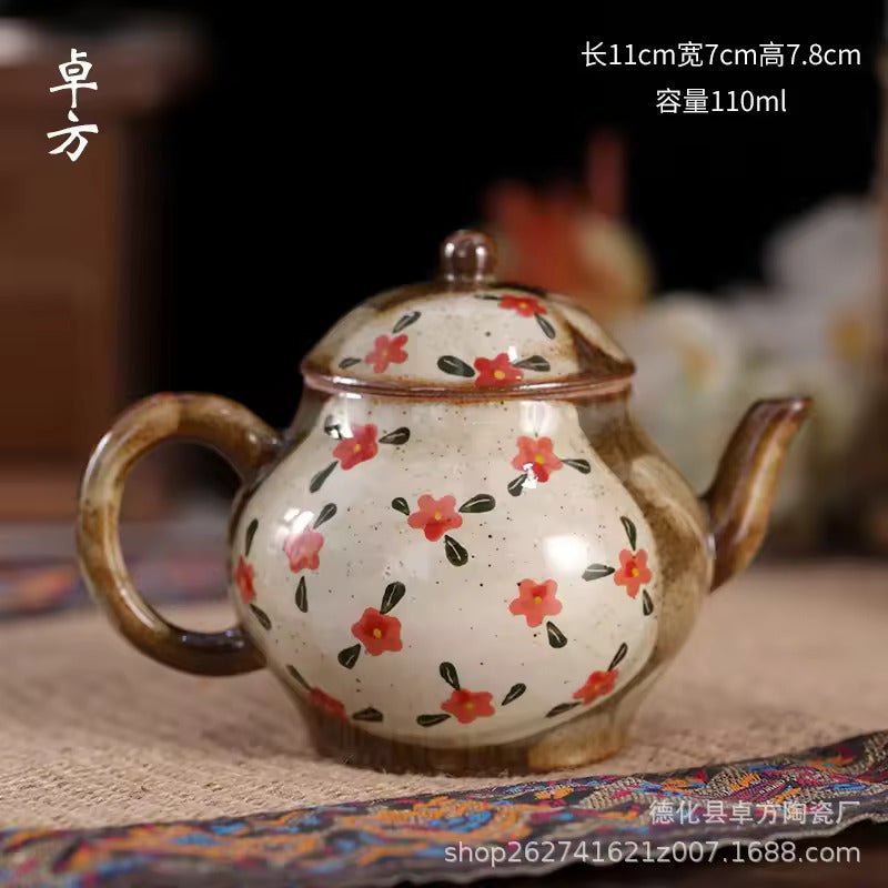 Pure Hand-painted Small Floral Firewood Fired Retro Underglaze Colored Tea Set Chinese Style Kung Fu Tea Set Tea Pot and Cup Set