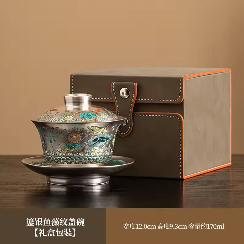 Chinese Enamel Gilt-Silver Teapot Covered Bowl Tea Cup Household Silver Plating Making Tea Kung Fu Tea Set
