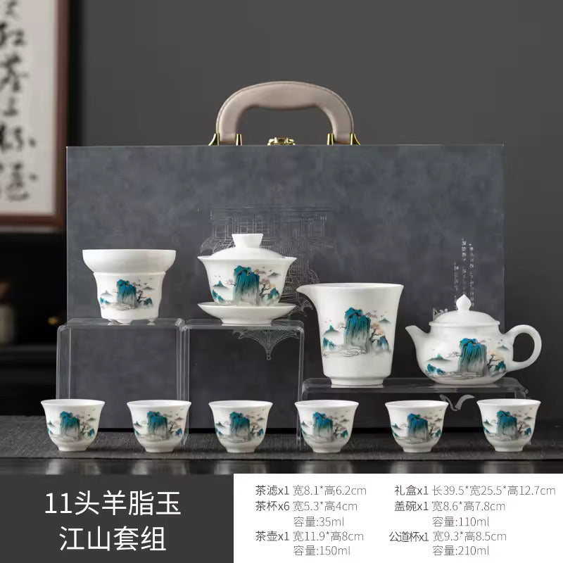 High End Sheep Fat Jade Porcelain Tea Set Home Office Kung Fu Tea Set Panda Tea Brewery Gift Box