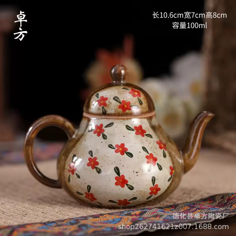 Pure Hand-painted Small Floral Firewood Fired Retro Underglaze Colored Tea Set Chinese Style Kung Fu Tea Set Tea Pot and Cup Set