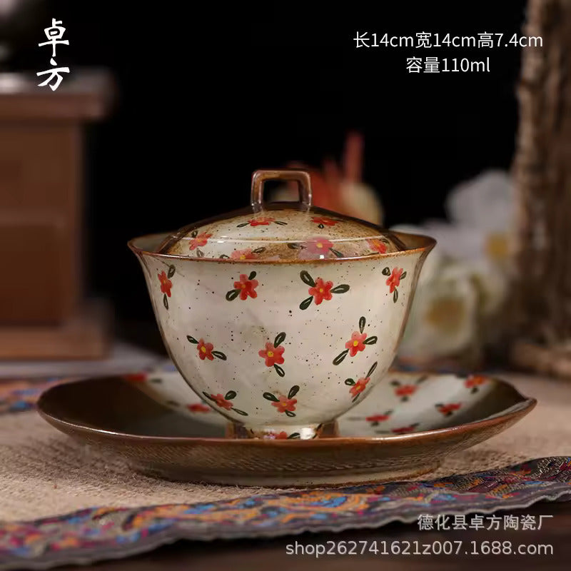 Pure Hand-painted Small Floral Firewood Fired Retro Underglaze Colored Tea Set Chinese Style Kung Fu Tea Set Tea Pot and Cup Set