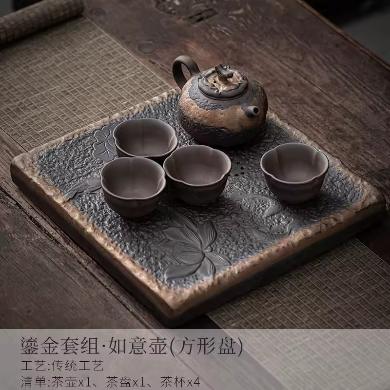 Japanese-style Rough Pottery Kung Fu Tea Set Home Ceramic Tea Tray Water Storage Tea Table Retro Teapot Tea Cup
