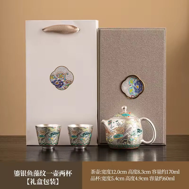 Chinese Enamel Gilt-Silver Teapot Covered Bowl Tea Cup Household Silver Plating Making Tea Kung Fu Tea Set