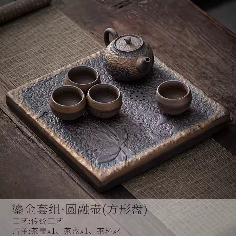 Japanese-style Rough Pottery Kung Fu Tea Set Home Ceramic Tea Tray Water Storage Tea Table Retro Teapot Tea Cup