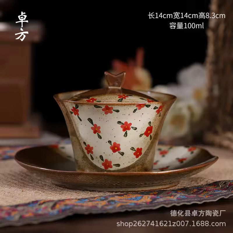 Pure Hand-painted Small Floral Firewood Fired Retro Underglaze Colored Tea Set Chinese Style Kung Fu Tea Set Tea Pot and Cup Set