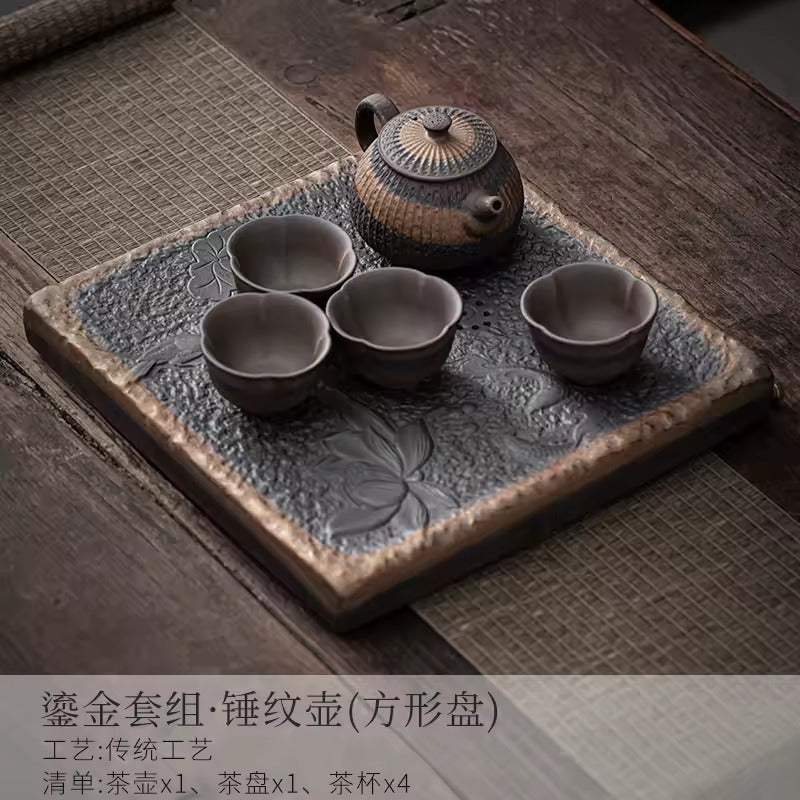 Japanese-style Rough Pottery Kung Fu Tea Set Home Ceramic Tea Tray Water Storage Tea Table Retro Teapot Tea Cup