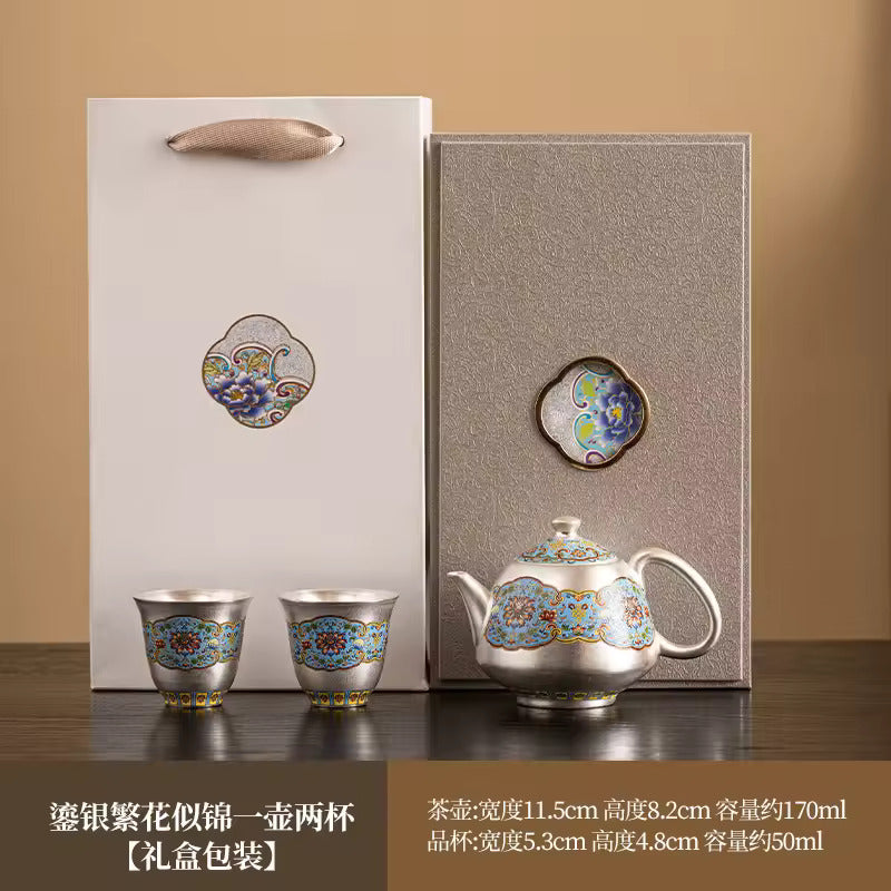 Chinese Enamel Gilt-Silver Teapot Covered Bowl Tea Cup Household Silver Plating Making Tea Kung Fu Tea Set