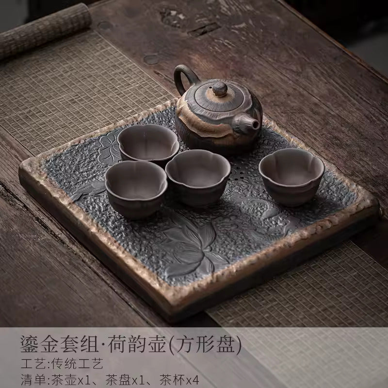 Japanese-style Rough Pottery Kung Fu Tea Set Home Ceramic Tea Tray Water Storage Tea Table Retro Teapot Tea Cup