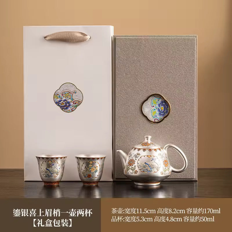 Chinese Enamel Gilt-Silver Teapot Covered Bowl Tea Cup Household Silver Plating Making Tea Kung Fu Tea Set