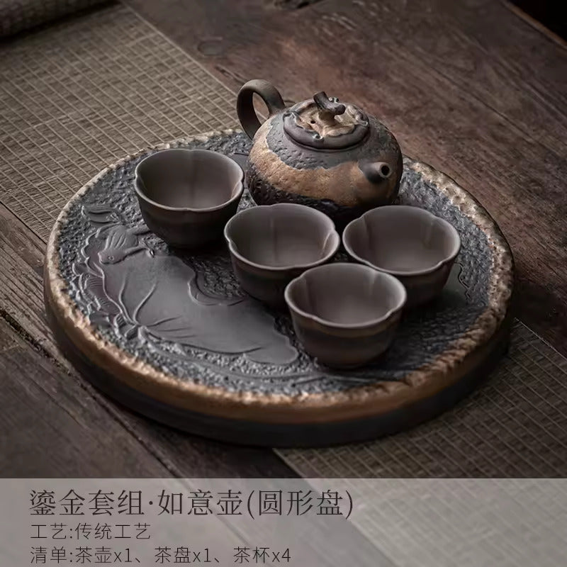 Japanese-style Rough Pottery Kung Fu Tea Set Home Ceramic Tea Tray Water Storage Tea Table Retro Teapot Tea Cup