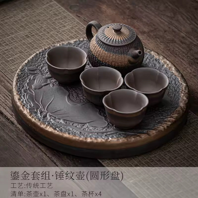 Japanese-style Rough Pottery Kung Fu Tea Set Home Ceramic Tea Tray Water Storage Tea Table Retro Teapot Tea Cup
