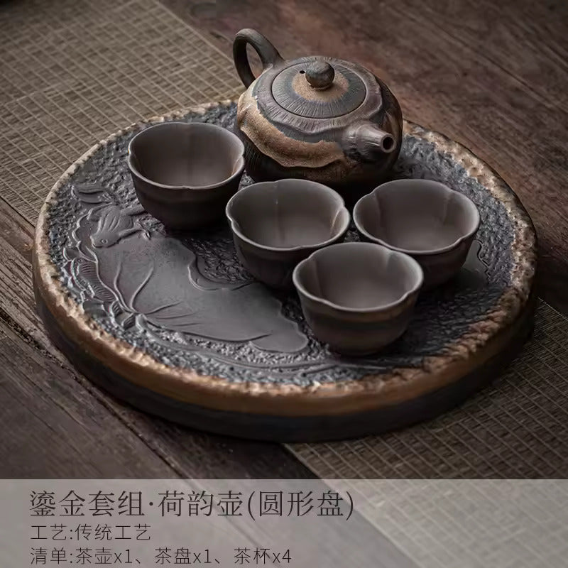 Japanese-style Rough Pottery Kung Fu Tea Set Home Ceramic Tea Tray Water Storage Tea Table Retro Teapot Tea Cup