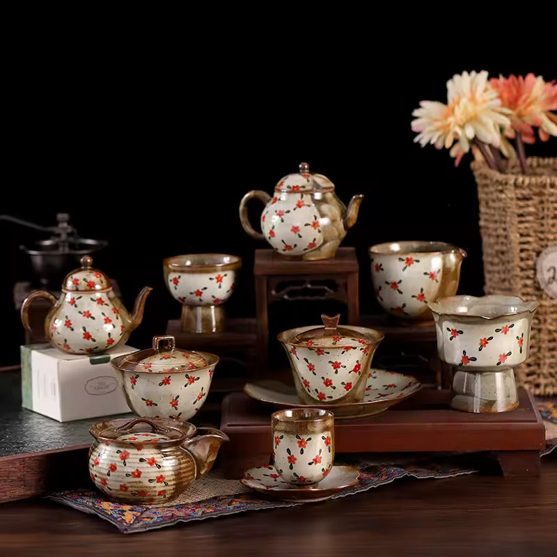 Pure Hand-painted Small Floral Firewood Fired Retro Underglaze Colored Tea Set Chinese Style Kung Fu Tea Set Tea Pot and Cup Set