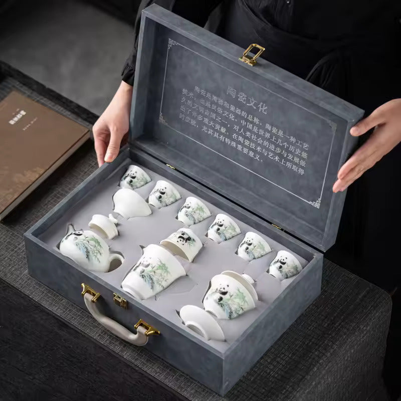 High End Sheep Fat Jade Porcelain Tea Set Home Office Kung Fu Tea Set Panda Tea Brewery Gift Box