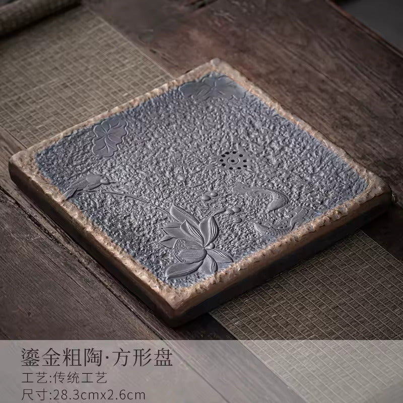 Japanese-style Rough Pottery Kung Fu Tea Set Home Ceramic Tea Tray Water Storage Tea Table Retro Teapot Tea Cup