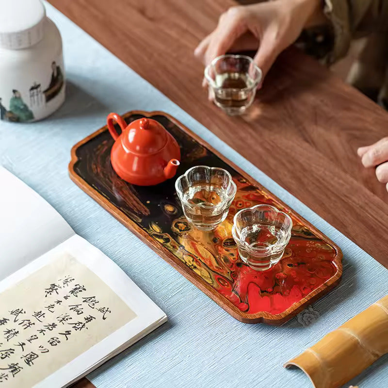 Antique Lacquer Resin Solid Wood Dry Brewed Tea Tray Household Minimalist Tea Table Hand Drawn Tray Tea Ceremony Accessories
