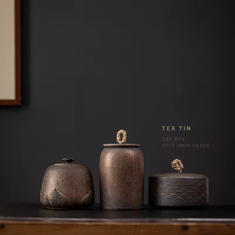 Japanese Style Gilded Iron Glazed Tea Jar Large Sealed Tea Warehouse Ceramic Storage Tank Household Tea Storage Jar