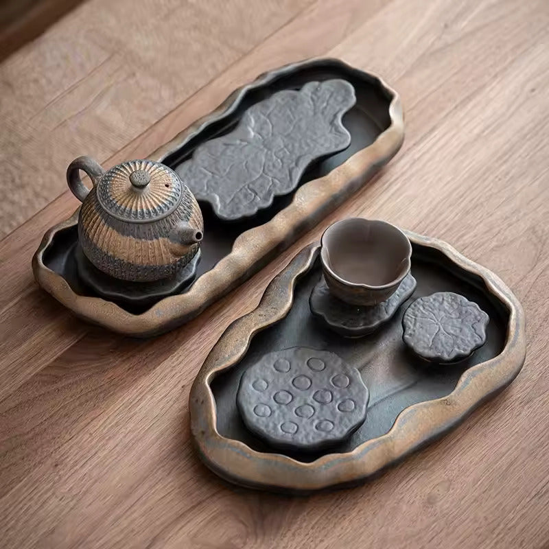 Japanese Gilded Coarse Pottery Tea Tray Zen Tea Making Platform Household Retro Style Tea Set Tray Teaware Kitchen Dining Bar