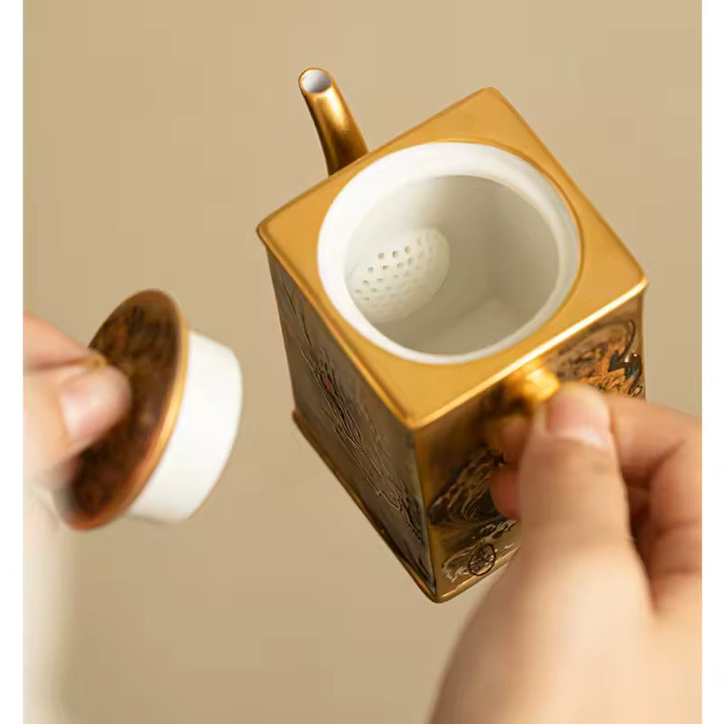 Porcelain Body Gilded Teapot Chinese Vintage Home Brewing Teapot Kung Fu Tea Set Gift Box with Square Pot
