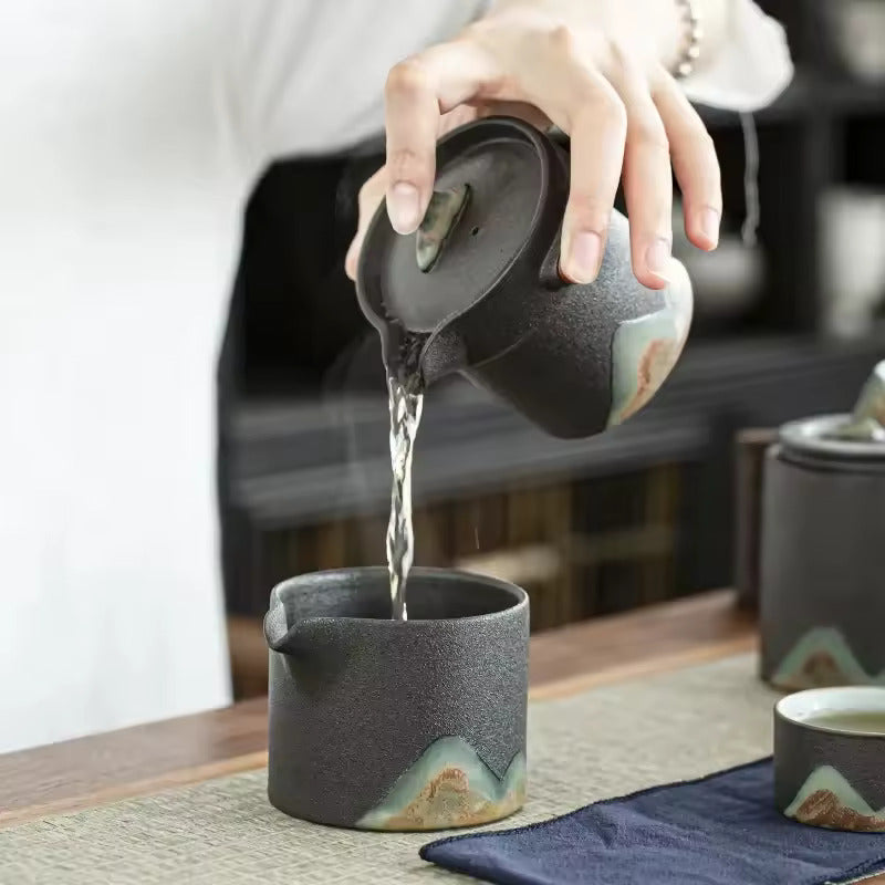 Japanese Style Glazed Painted Remote Mountain Portable Travel Tea Set Vintage Coarse Ceramic Quick Customer Cup Tea Set
