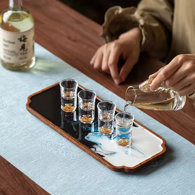 Antique Lacquer Resin Solid Wood Dry Brewed Tea Tray Household Minimalist Tea Table Hand Drawn Tray Tea Ceremony Accessories