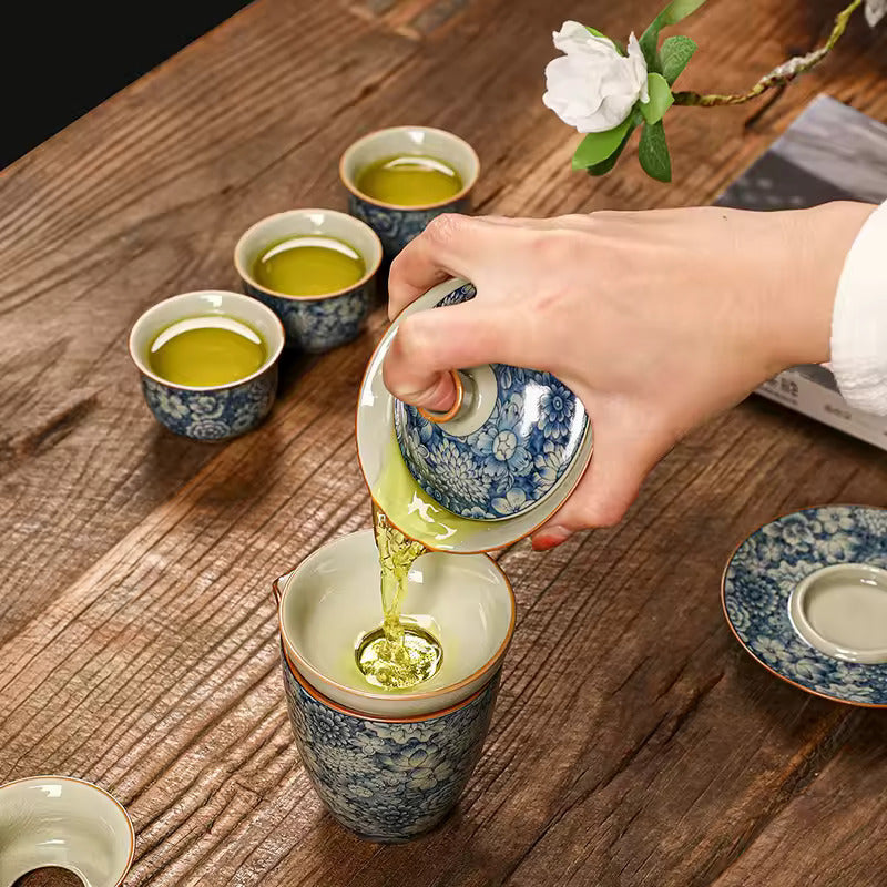 Household Chinese Blue and White Porcelain Tea Set Office Brewing Tea Premium Gift Set