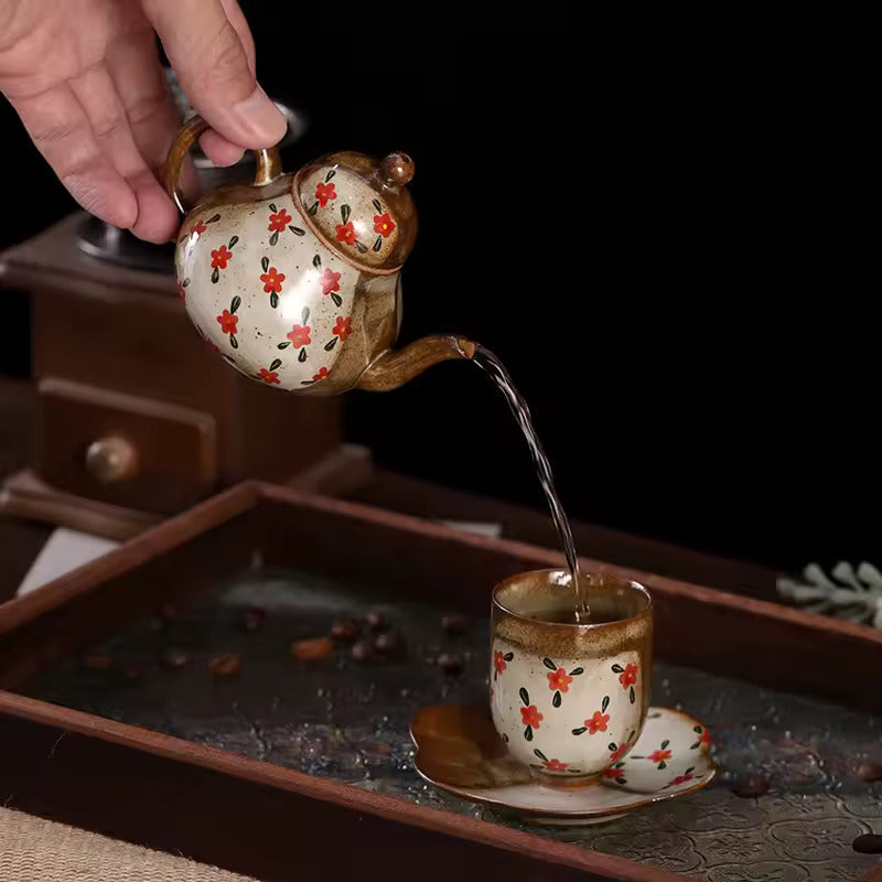 Pure Hand-painted Small Floral Firewood Fired Retro Underglaze Colored Tea Set Chinese Style Kung Fu Tea Set Tea Pot and Cup Set