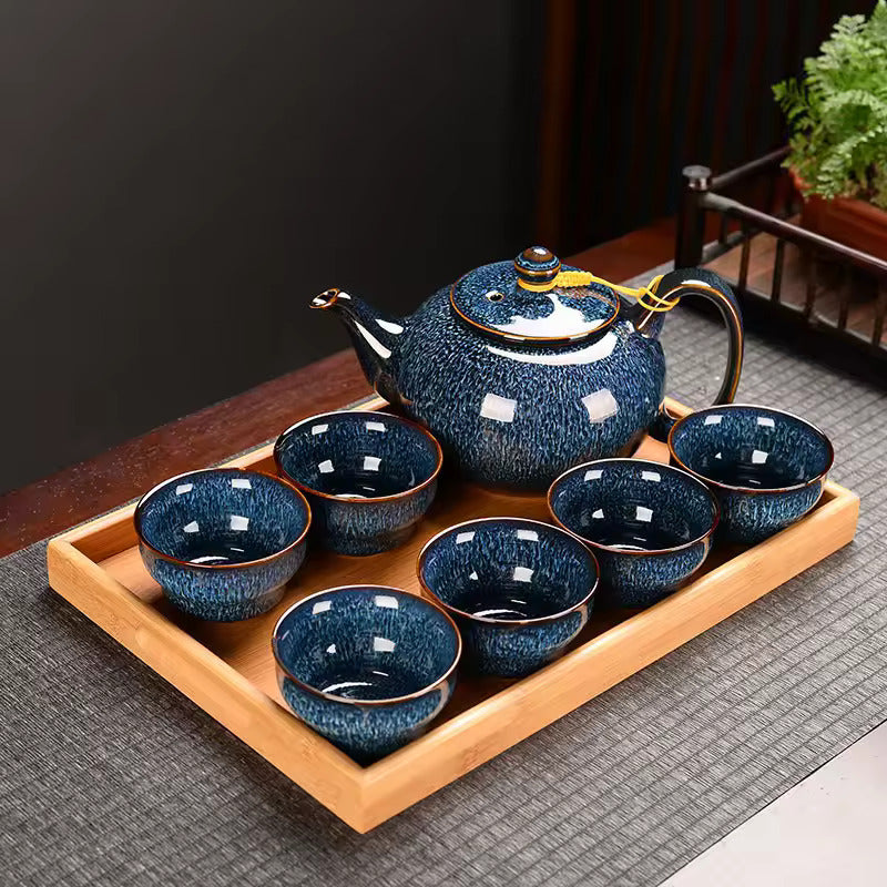 Household Ceramic Kiln Transformation Wire Drawing Process Lifting Beam Teapot Tea Cup 7pcs Tea Set Gift