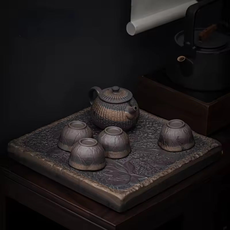 Japanese-style Rough Pottery Kung Fu Tea Set Home Ceramic Tea Tray Water Storage Tea Table Retro Teapot Tea Cup