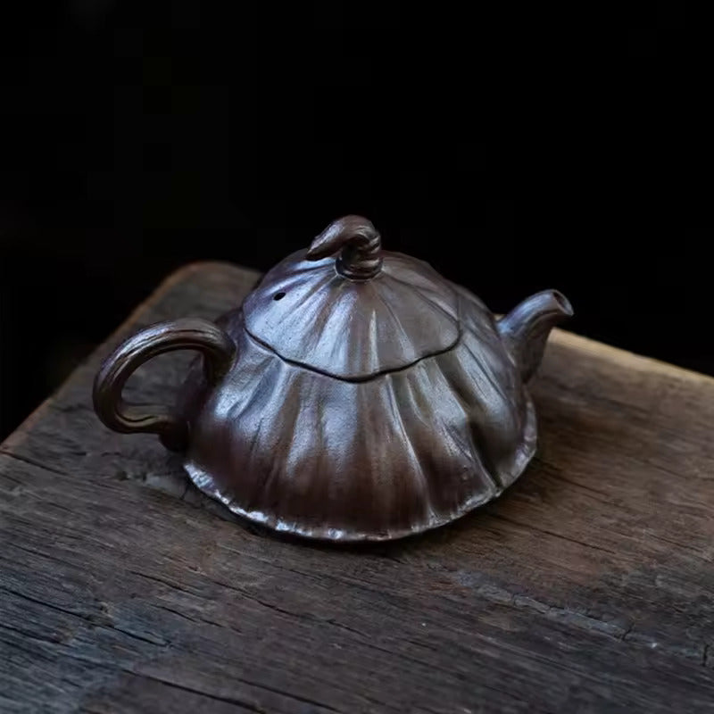 Coarse Pottery Lotus Shaped Biomimetic Teapot Fully Handmade Tea Maker Creative Single Pot for Household Retro Ceramics