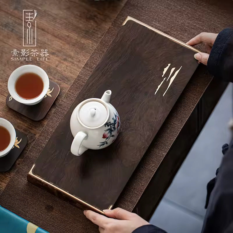 Simple whole solid wood tea tray ebony small tea table household dry foam tray simple tray Japanese practical pot bearing