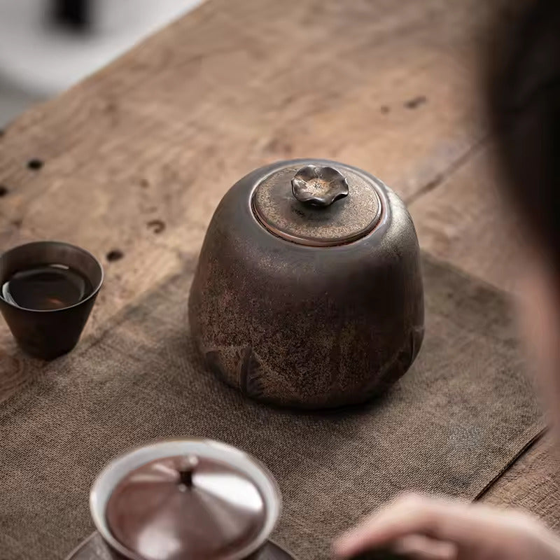 Japanese Style Gilded Iron Glazed Tea Jar Large Sealed Tea Warehouse Ceramic Storage Tank Household Tea Storage Jar