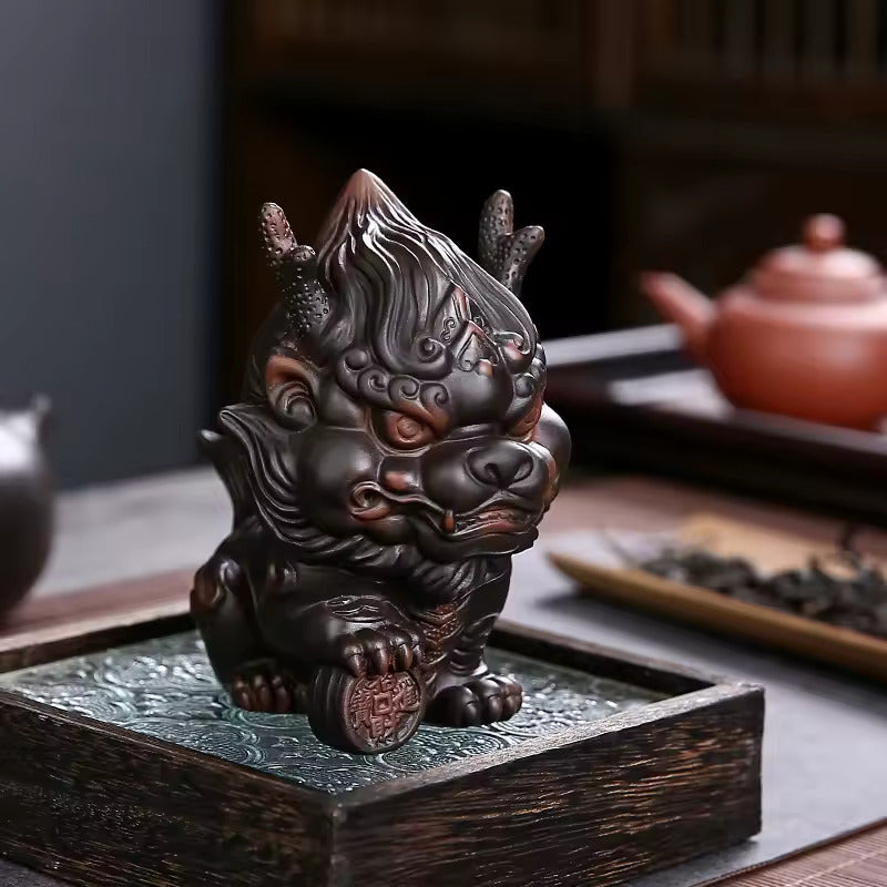 Purple Pottery Tea Pet Recruiting Wealth Kylin Fine Purple Sand Ornaments for Tea Table Decoration Kung Fu Tea Set Accessories