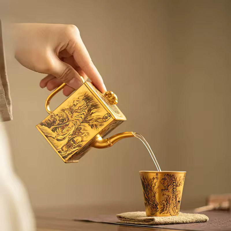 Porcelain Body Gilded Teapot Chinese Vintage Home Brewing Teapot Kung Fu Tea Set Gift Box with Square Pot