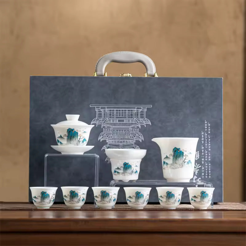 High End Sheep Fat Jade Porcelain Tea Set Home Office Kung Fu Tea Set Panda Tea Brewery Gift Box