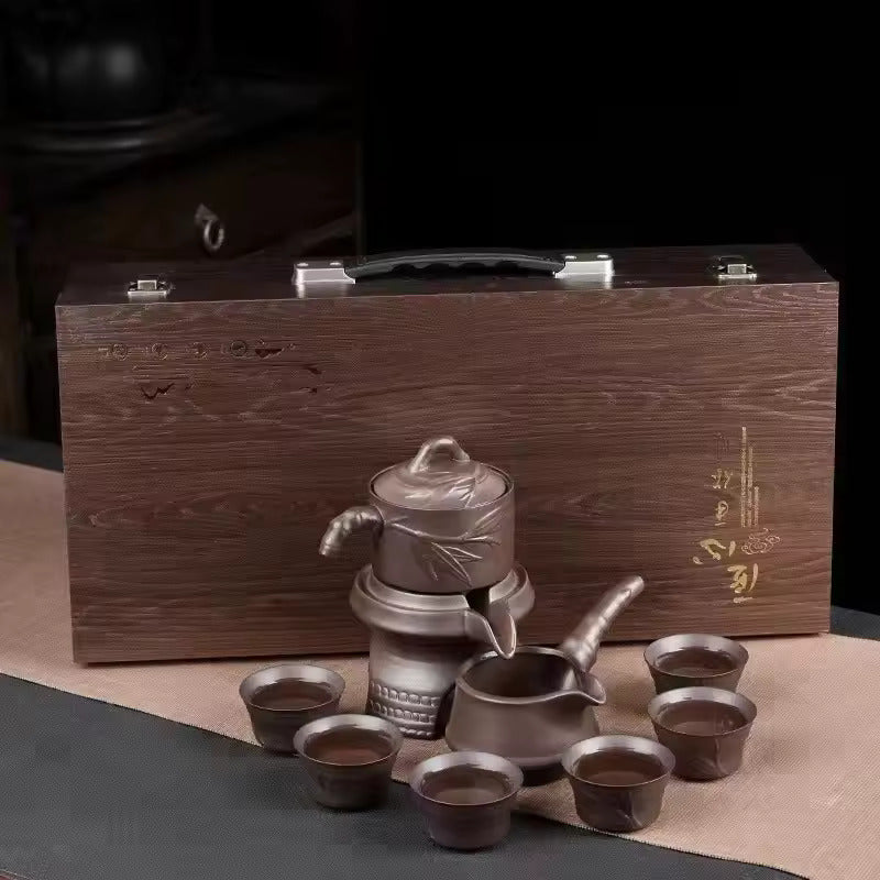 Ceramic Teaware Set with Automatic Brewing In High-Grade Wooden Gift Box - Perfect for Business Gifts and Kung Fu Tea Ceremony