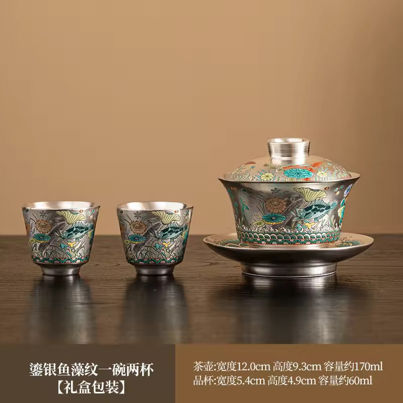Chinese Enamel Gilt-Silver Teapot Covered Bowl Tea Cup Household Silver Plating Making Tea Kung Fu Tea Set