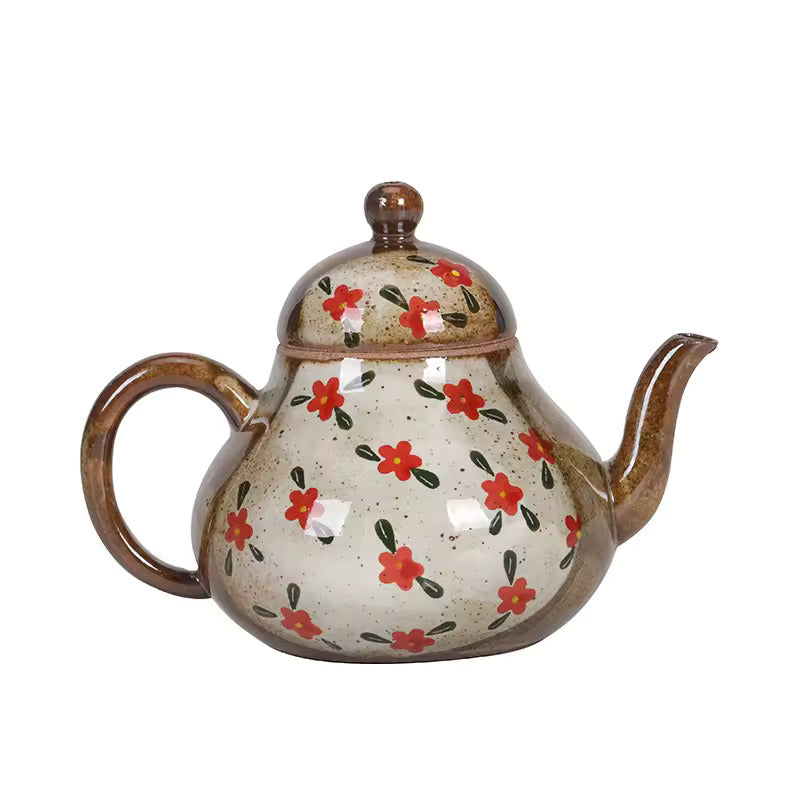 Pure Hand-painted Small Floral Firewood Fired Retro Underglaze Colored Tea Set Chinese Style Kung Fu Tea Set Tea Pot and Cup Set