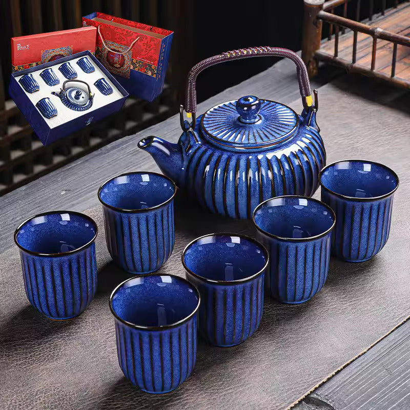 Household Ceramic Kiln Transformation Wire Drawing Process Lifting Beam Teapot Tea Cup 7pcs Tea Set Gift