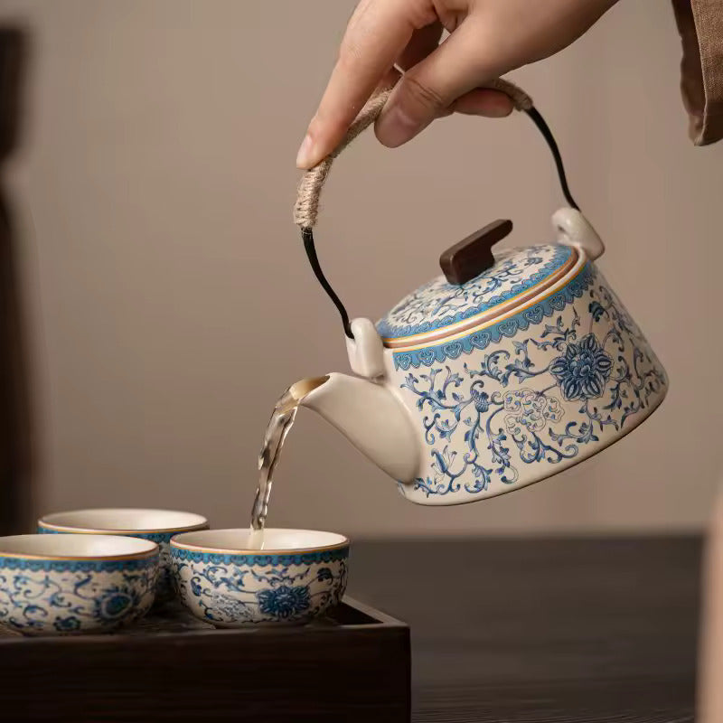 Chinese Ru Kiln Blue and White Teapot Home Vintage Handmade Ceramic Handle Pot Kung Fu Tea Set Tea Infuser