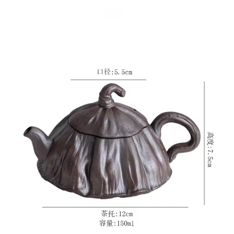 Coarse Pottery Lotus Shaped Biomimetic Teapot Fully Handmade Tea Maker Creative Single Pot for Household Retro Ceramics