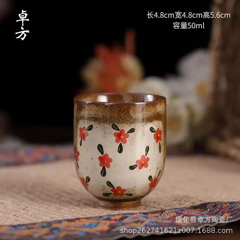 Pure Hand-painted Small Floral Firewood Fired Retro Underglaze Colored Tea Set Chinese Style Kung Fu Tea Set Tea Pot and Cup Set
