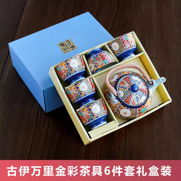 Decals Trace Gold Ancient Imari Golden Color Ceramic Teapot with Beam Handle Retro Kung Fu Tea Set Set with One Pot Five Cups
