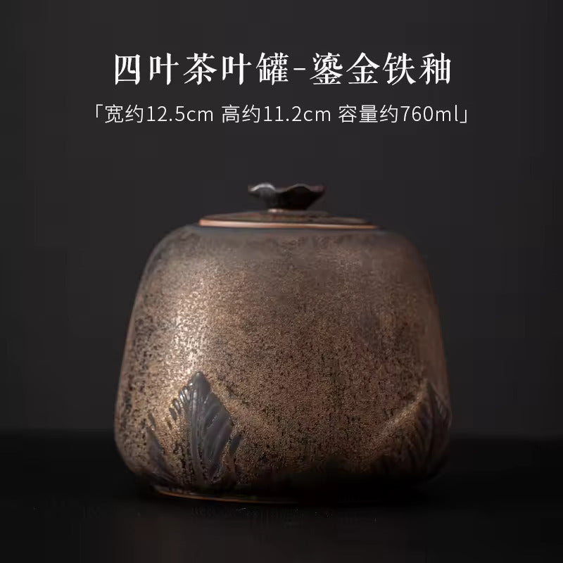 Japanese Style Gilded Iron Glazed Tea Jar Large Sealed Tea Warehouse Ceramic Storage Tank Household Tea Storage Jar