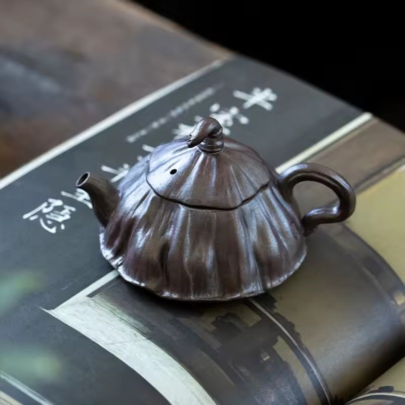 Coarse Pottery Lotus Shaped Biomimetic Teapot Fully Handmade Tea Maker Creative Single Pot for Household Retro Ceramics