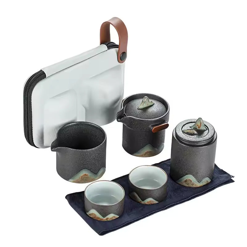 Japanese Style Glazed Painted Remote Mountain Portable Travel Tea Set Vintage Coarse Ceramic Quick Customer Cup Tea Set