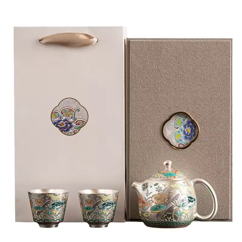 Chinese Enamel Gilt-Silver Teapot Covered Bowl Tea Cup Household Silver Plating Making Tea Kung Fu Tea Set