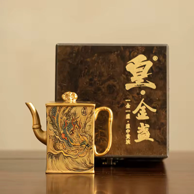 Porcelain Body Gilded Teapot Chinese Vintage Home Brewing Teapot Kung Fu Tea Set Gift Box with Square Pot